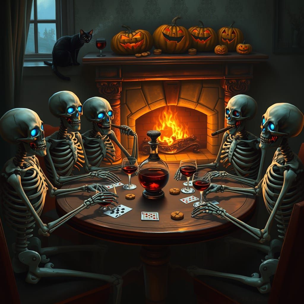 Skeletons Play Poker with Blue Eyes in Dark Fantasy