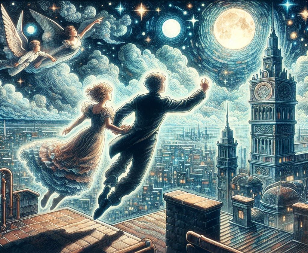 Children Soaring Through London Night Sky in Gouache Style