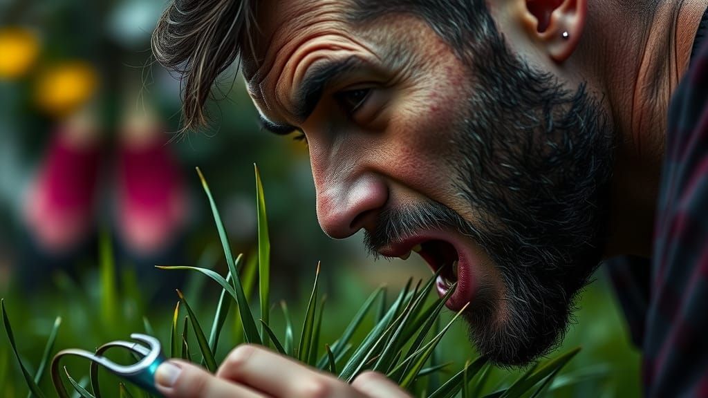 Man Mowing Garden by Eating Grass: Hyperrealistic Art