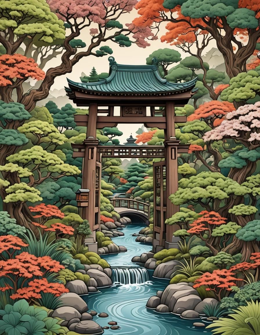 Japanese Garden Torii Gate with Abstract Fractal Design