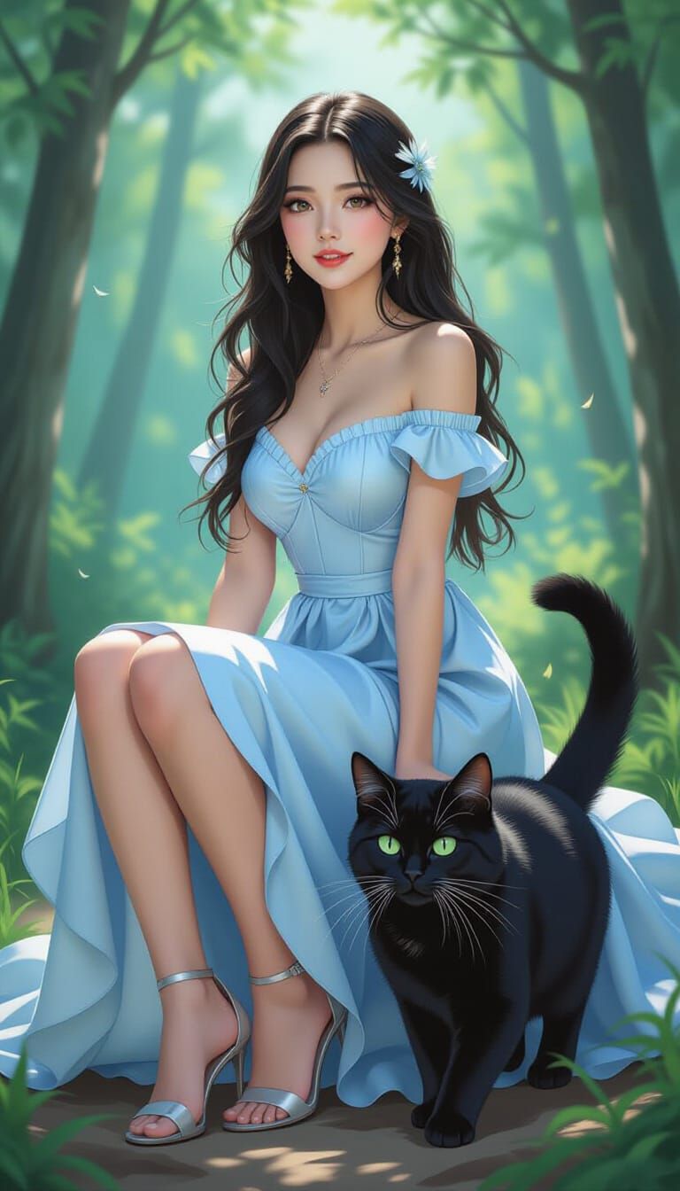 Woman Rides Black Cat Through Enchanted Forest