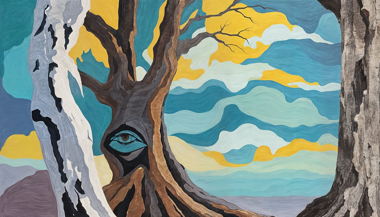 Minimalist Abstract Painting of Old Man in Tree