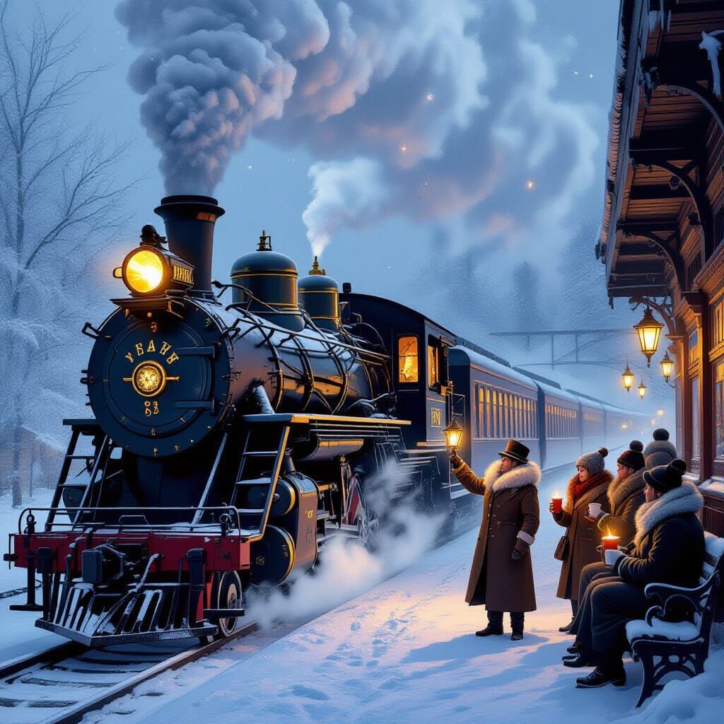 Steampunk Train in Snowy Winter Landscape