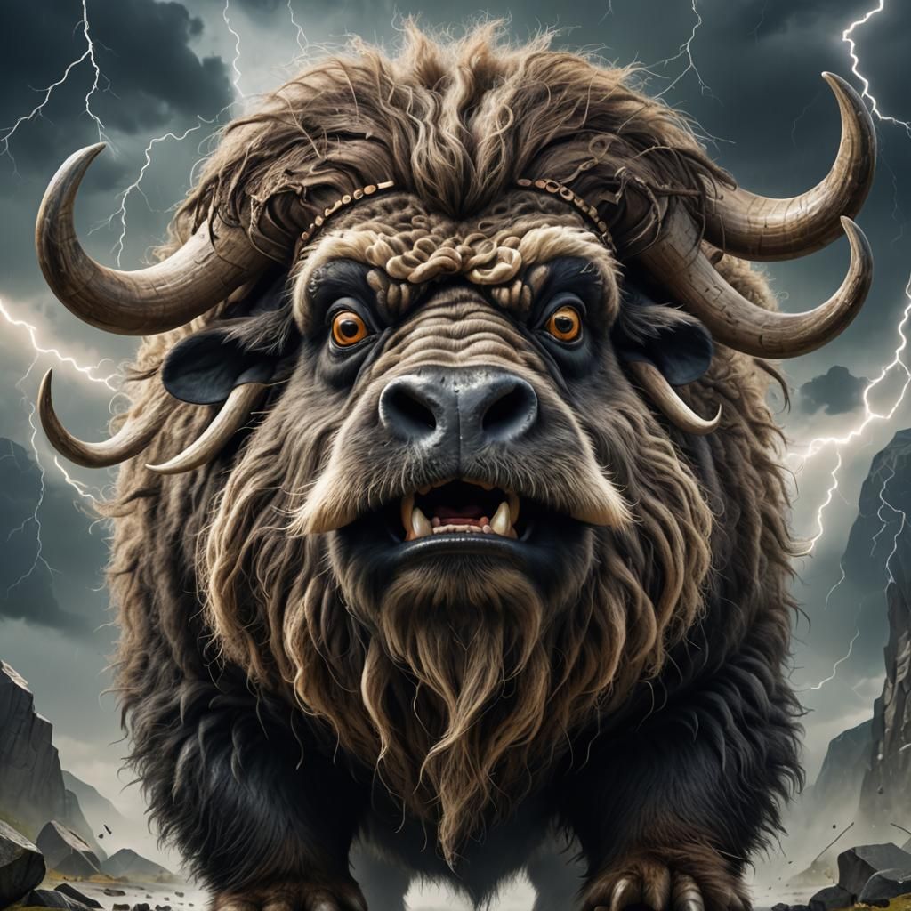 Ogre-Style Anthropomorphic Musk Ox in Stormy Lightning