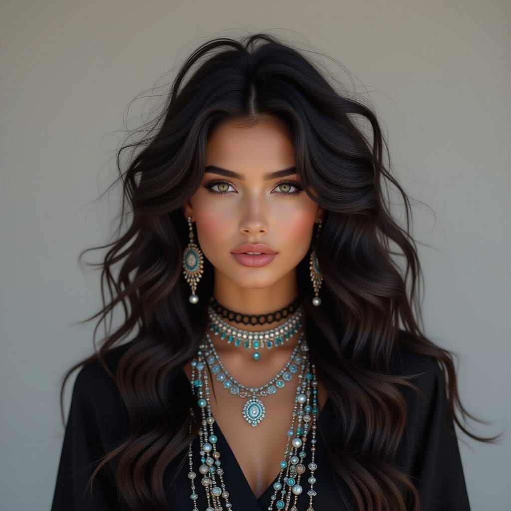 Dreamily Beautiful Girl with Black Hair and Silver Bells