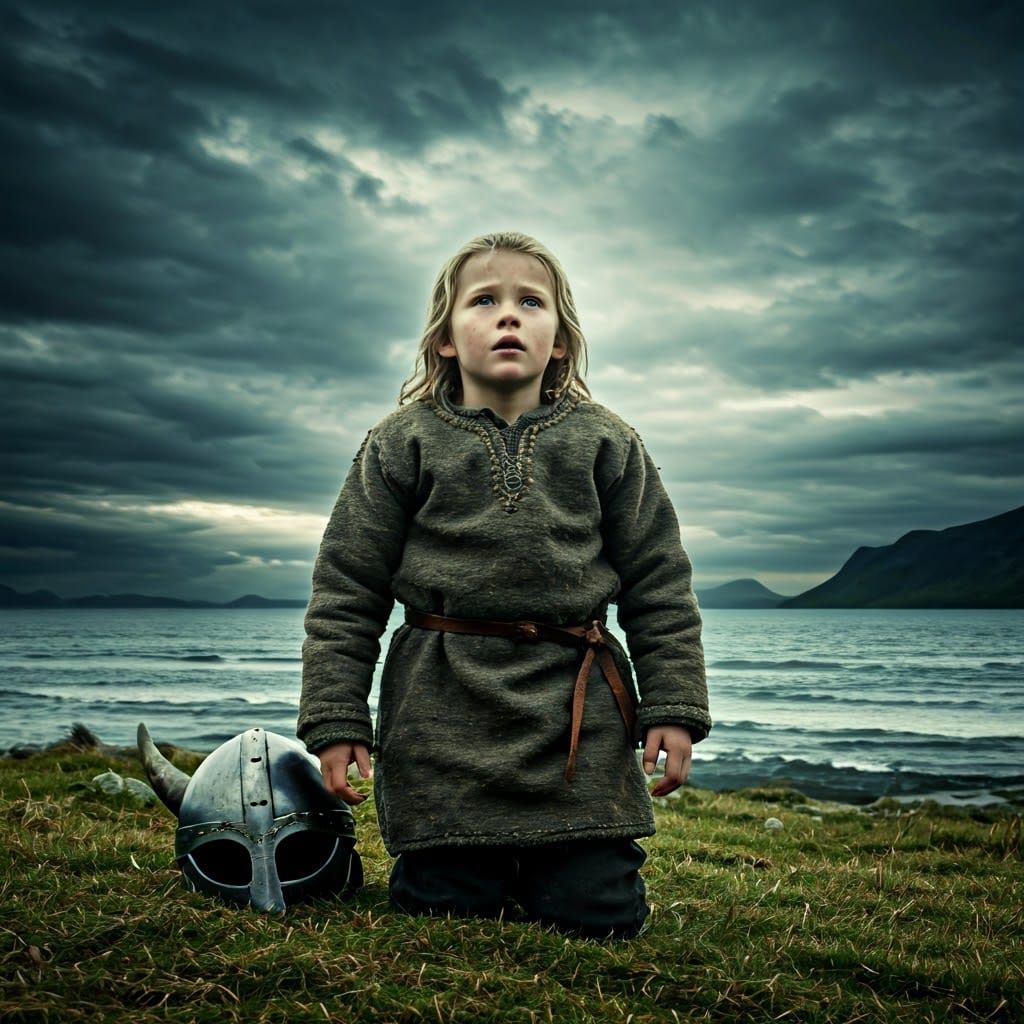 Viking Kid Bjorn Gazing at Nordic Sky