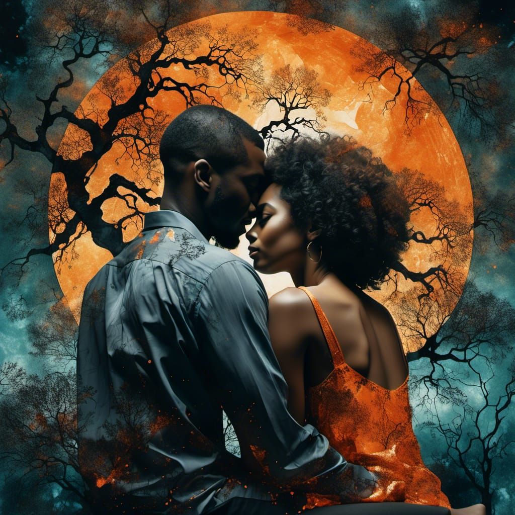 Double Exposure of a Couple in Black and Orange