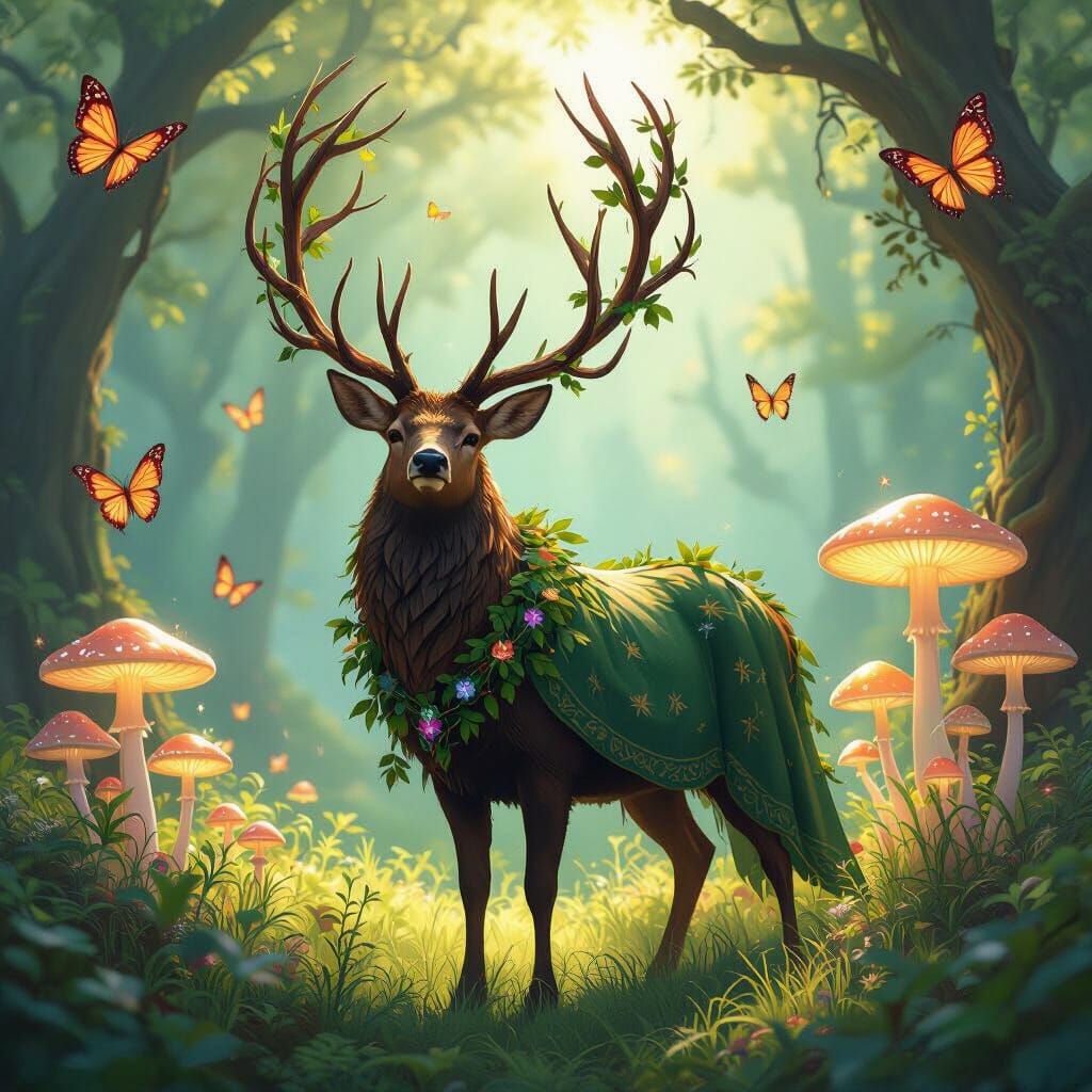 Majestic Stag in Art Nouveau Fantasy Scene