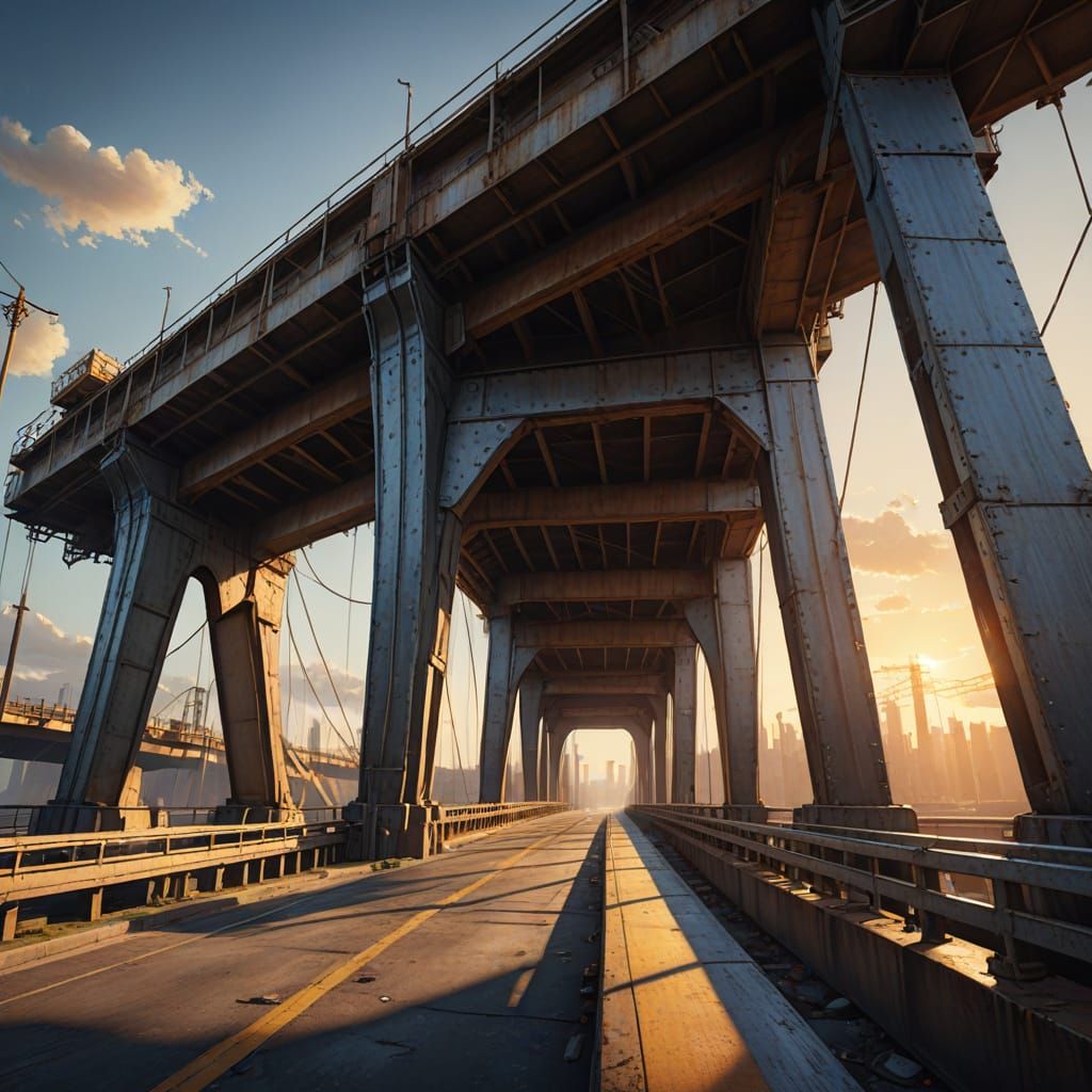 Realistic Bridge Bending Under Load in Golden Hour