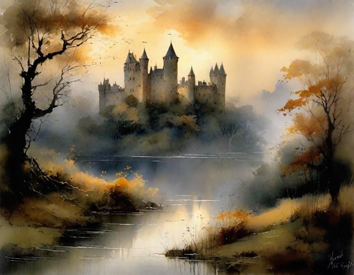 Misty River Castle Ruin Detailed Painting