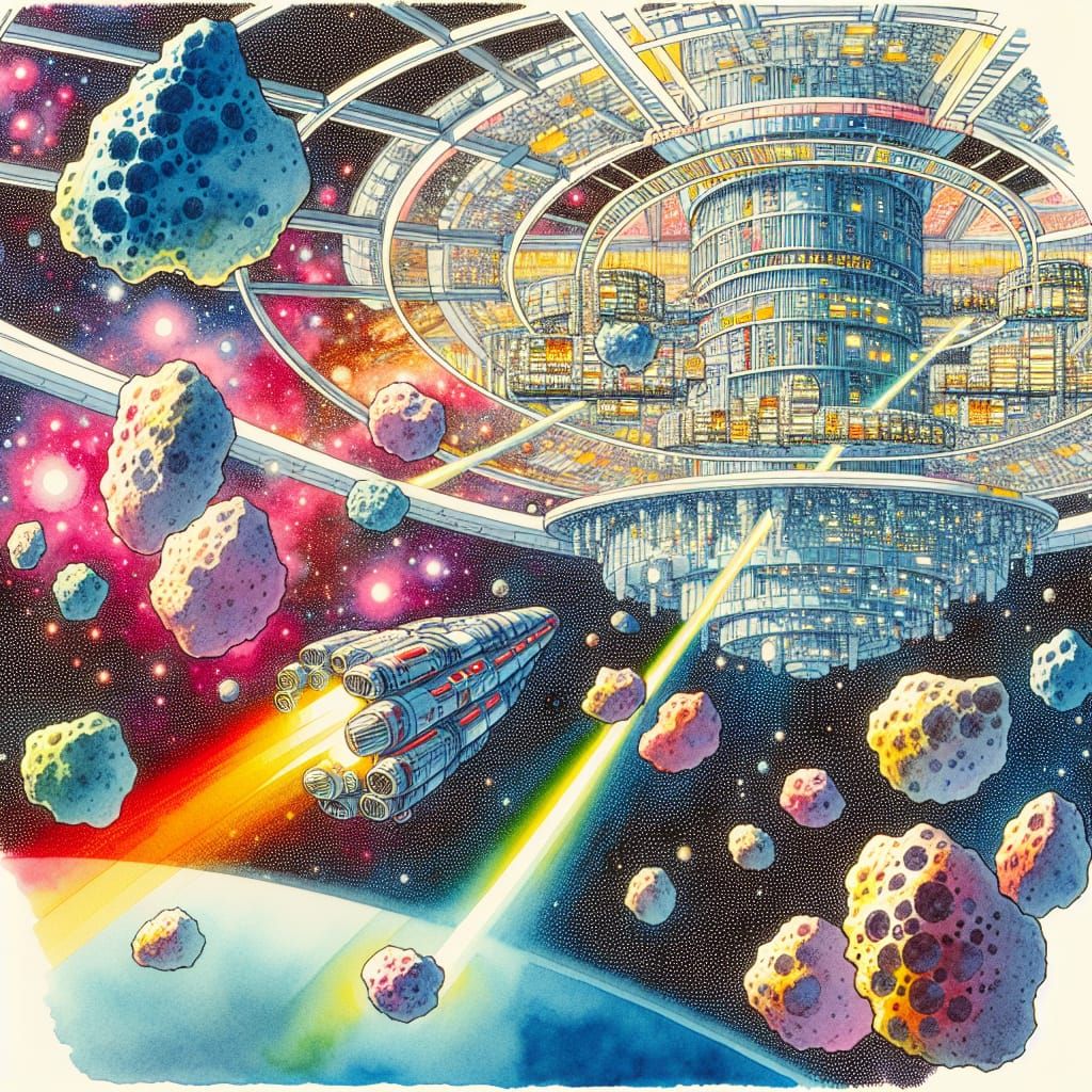 Vibrant Anime Space Colony in Watercolor Splendor