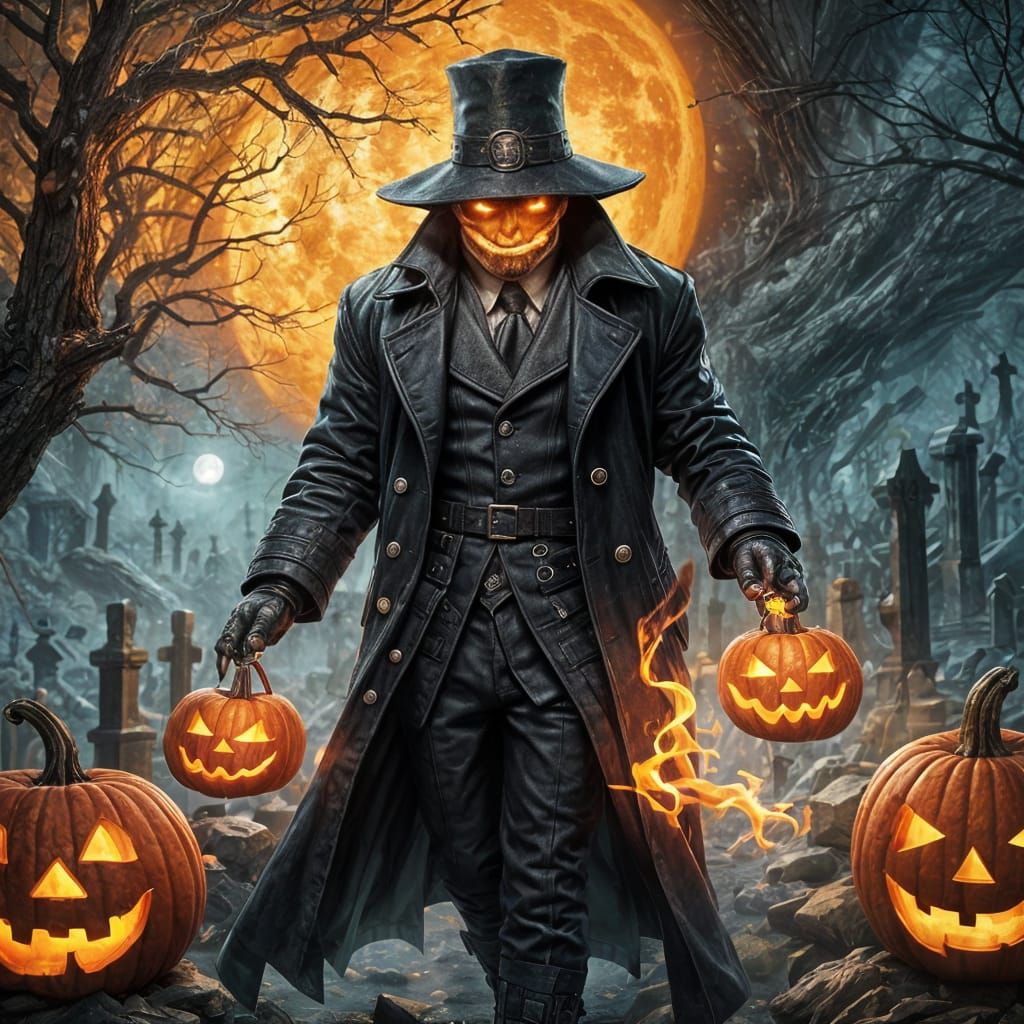 Pumpkin Figure in Ghostly Graveyard, Dark Fantasy Art