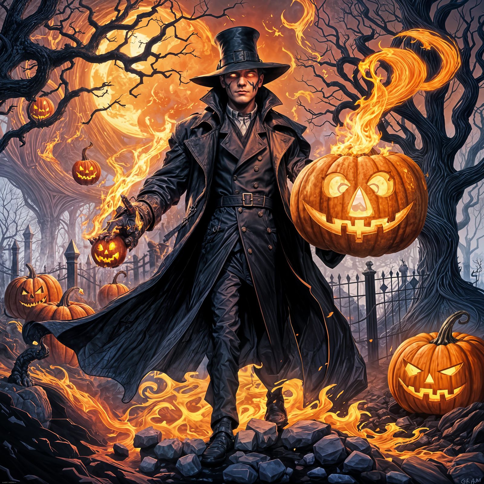 Pumpkin Man in Ghostly Graveyard: Dark Fantasy Art