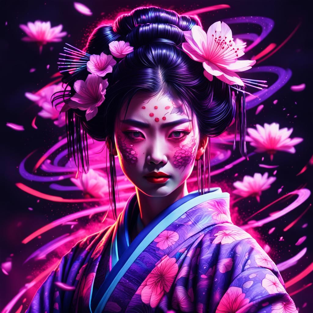 Asian Cyborg Geisha Dances in Neon Light