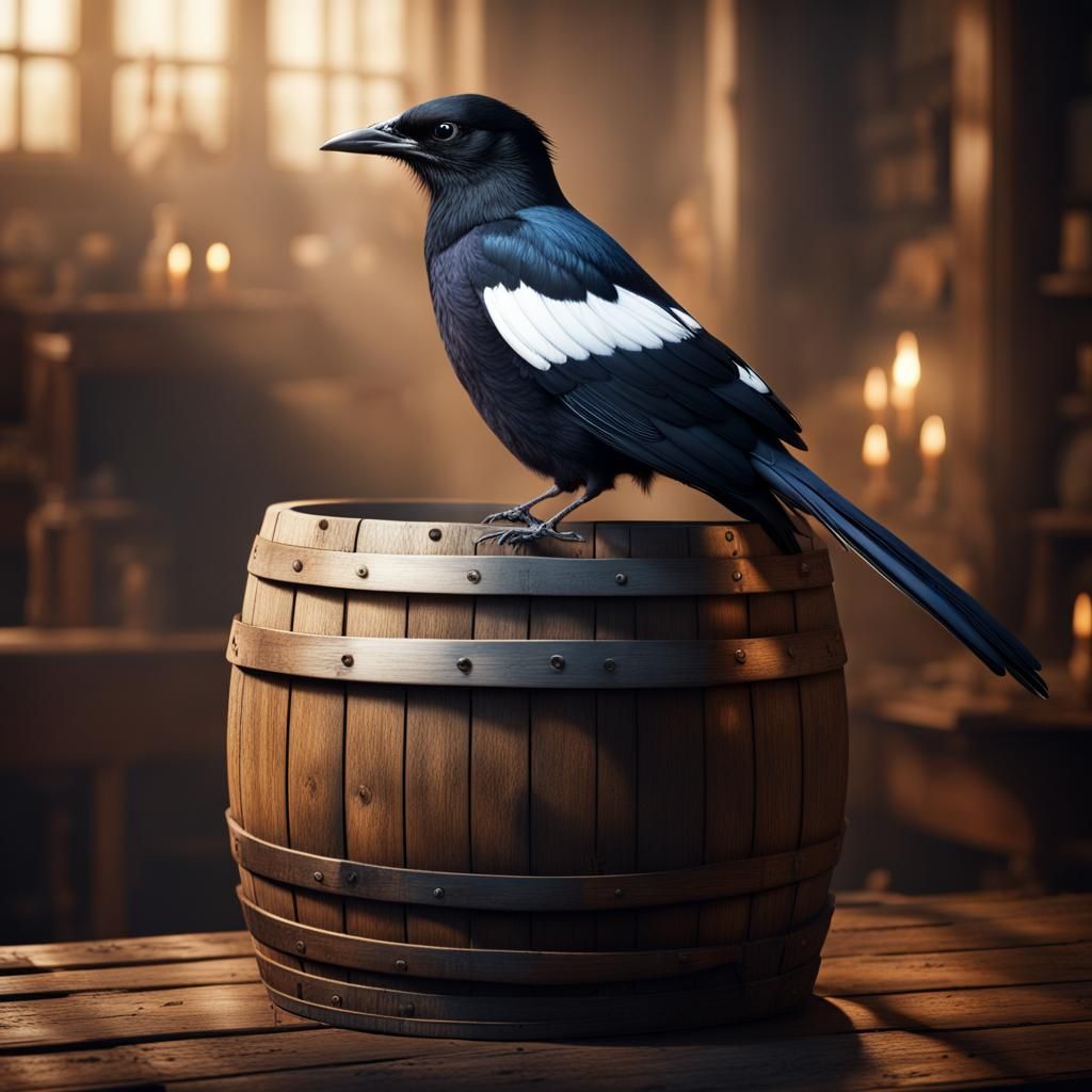 Magpie on Whiskey Barrel: Epic Digital Painting