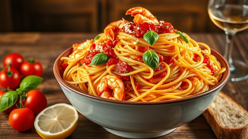 Hyperrealistic Pomodoro Pasta with Prawns and Garlic Bread