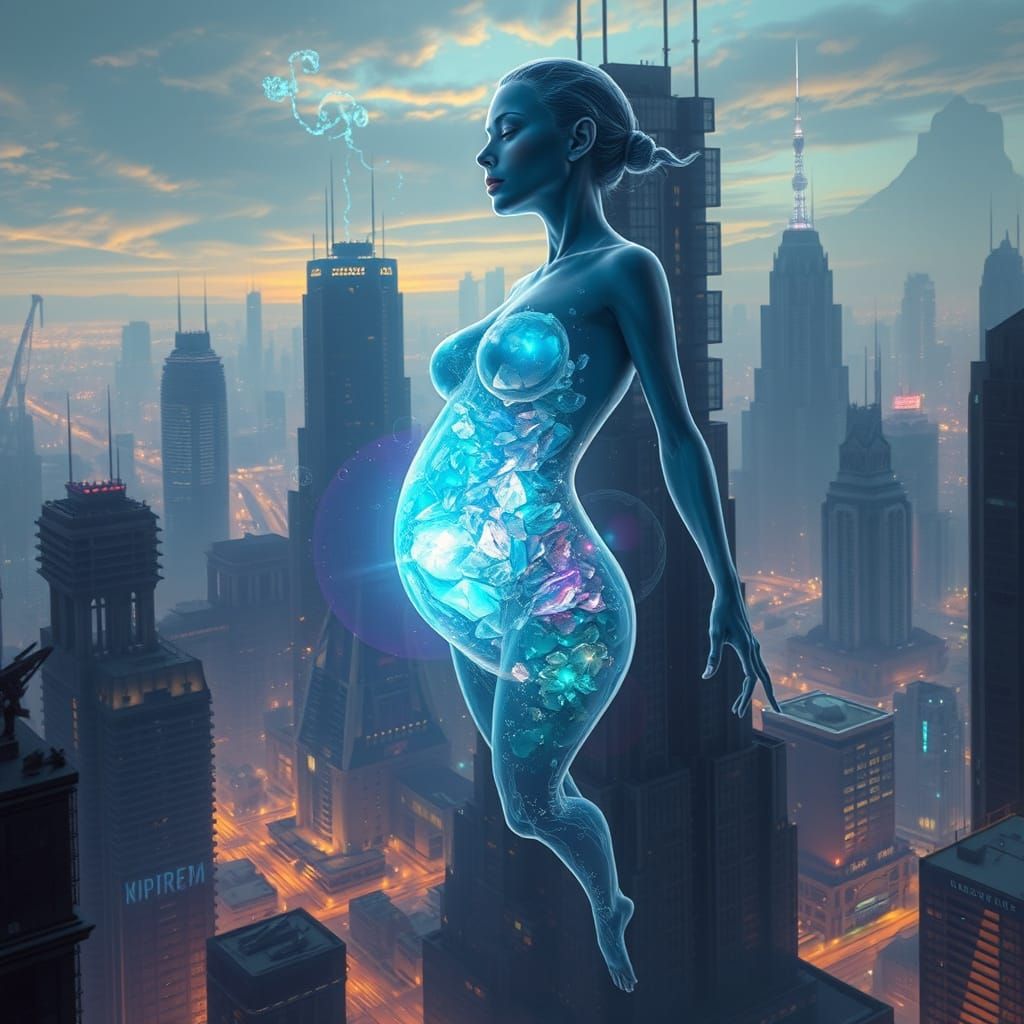 Ethereal Figure with Blooming Crystals in Dystopian Cityscap...