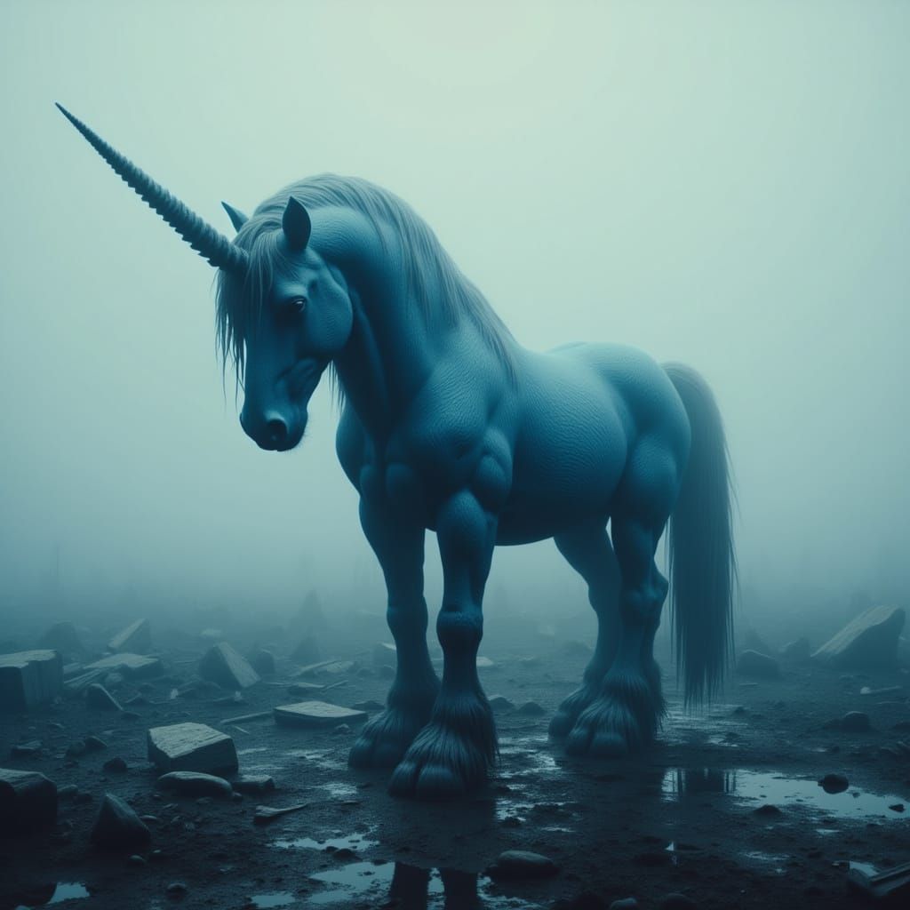 Blue Unicorn in Dystopian Landscape, Gritty Mystical Art