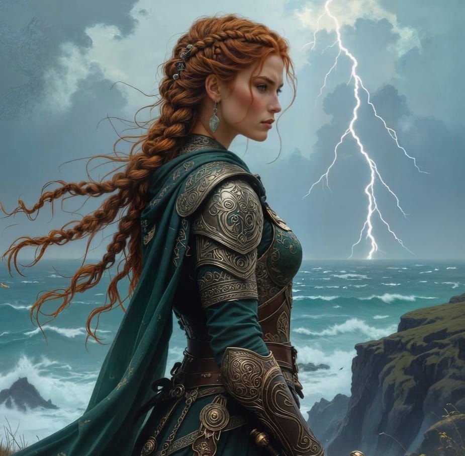 Celtic Warrior Queen on Windswept Cliff in Art Nouveau Style