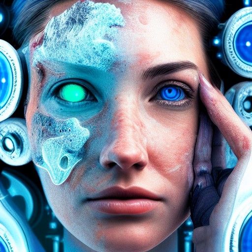 Cyborg Face Removal in Sci-Fi Glitchcore Style