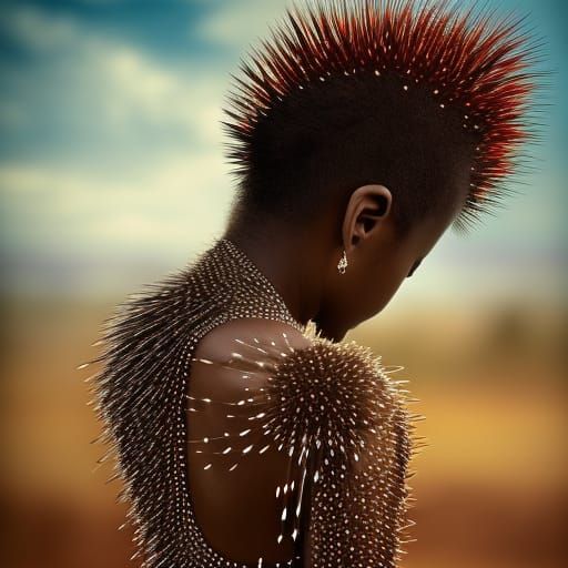 Hyperrealistic African Woman with Porcupine Spikes