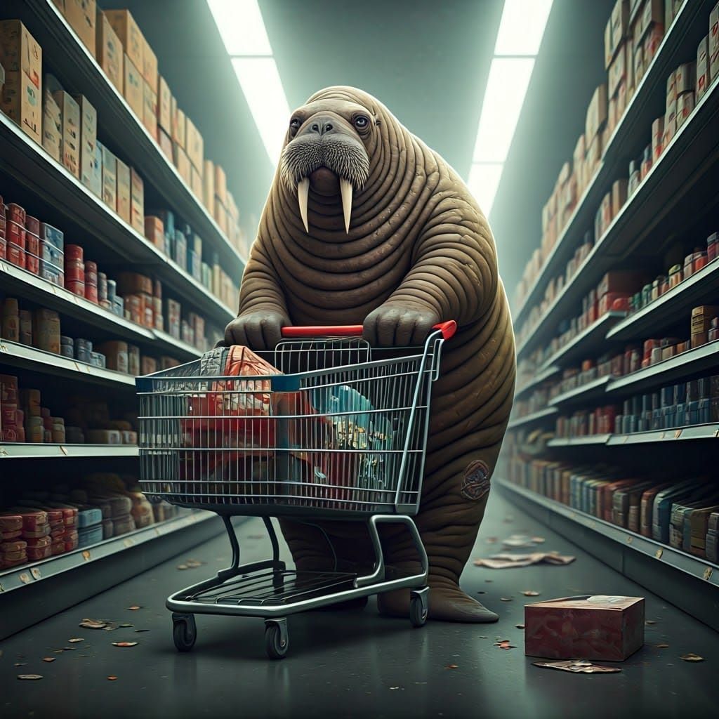 Anthropomorphic Walrus Pushes Shopping Cart Through Dirty De...