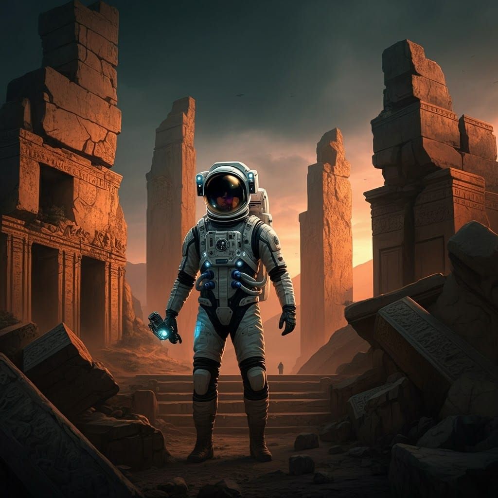 An astronaut exploring ancient ruins