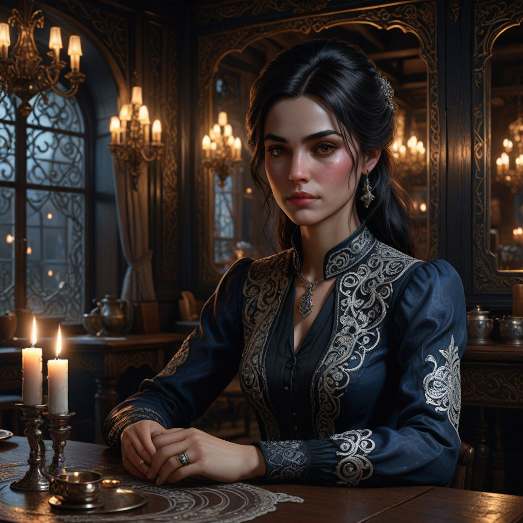 Elegant Woman in Midnight Russian Tearoom
