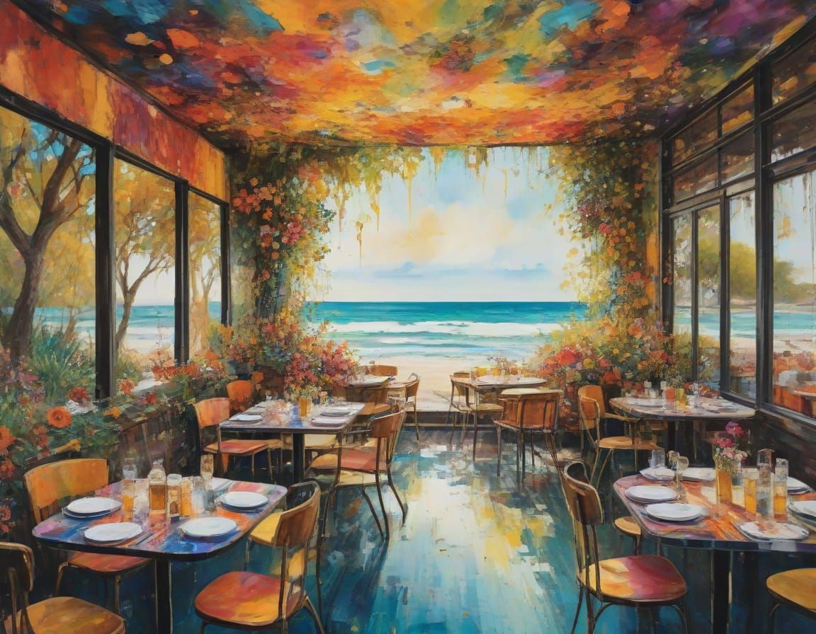 Ethereal Beachside Cafe in Vibrant Summer Hues