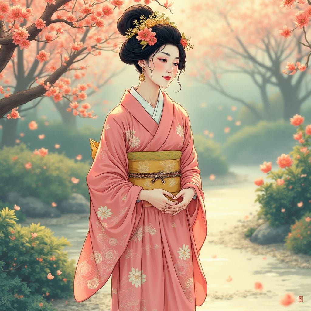 Elegant Japanese Woman in Garden, Hokusai Style