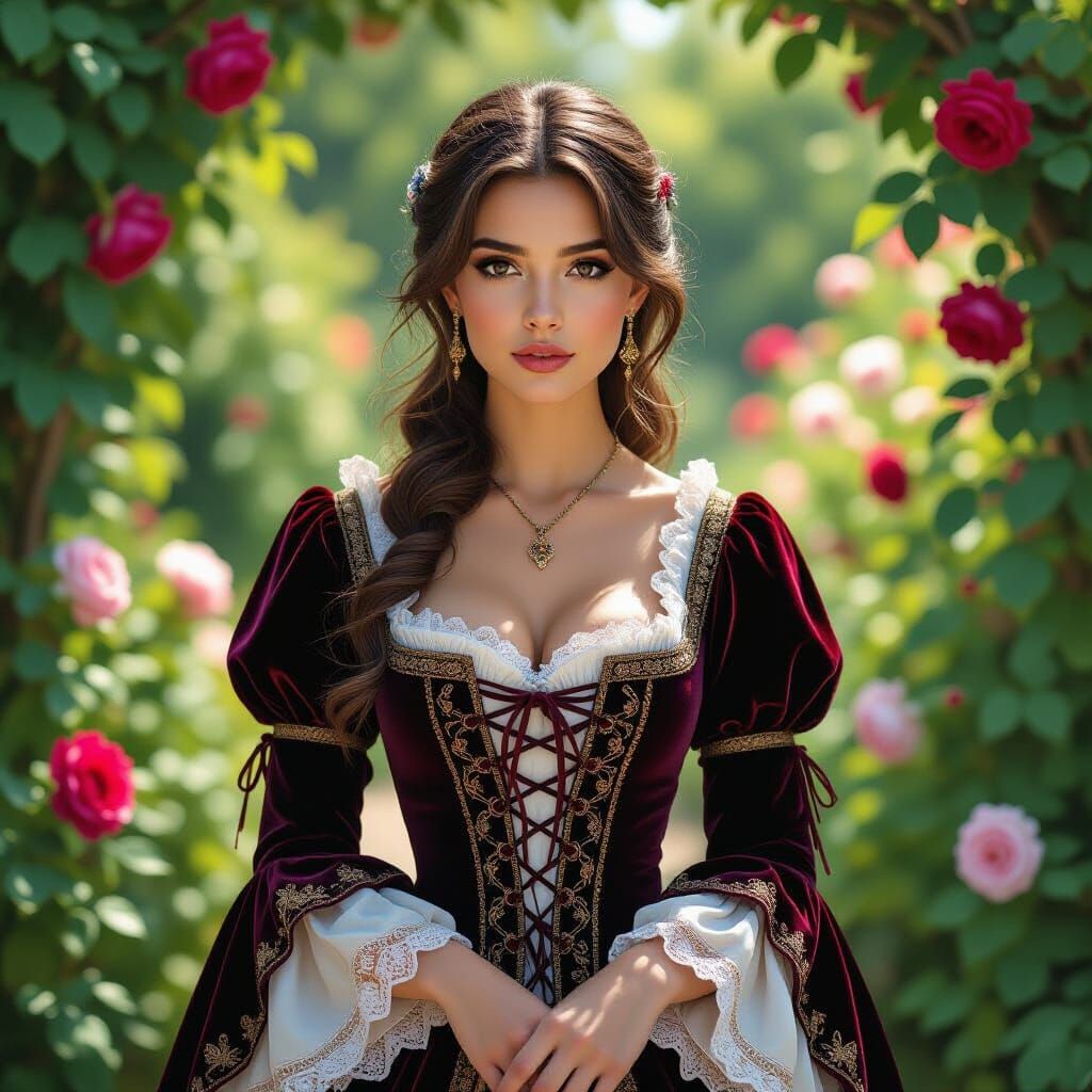 Medieval Noble in Rose Garden, Photorealistic Style