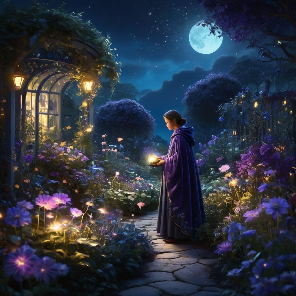 Moonlight Gardener Tending Glowing Stars