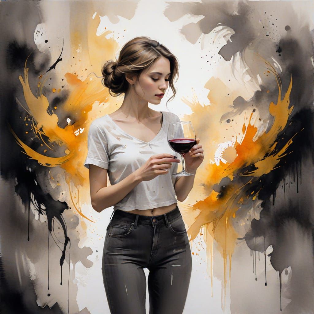 Woman with Wine in Ink Wash Style