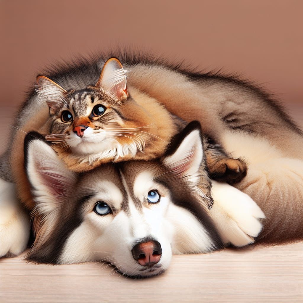 An amusing moment where a Siberian Husky has flopped on top ...