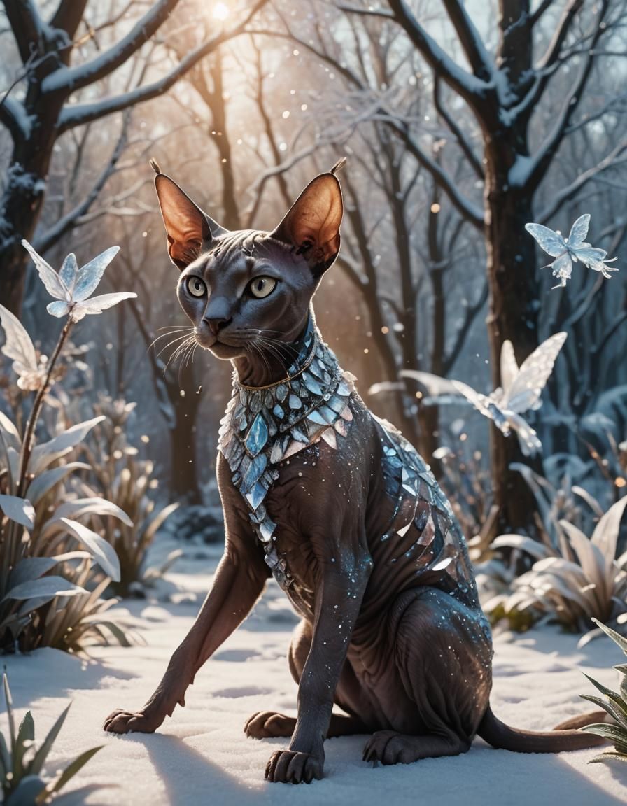 Icy Sphinx Cat in Winter Garden with Fairies