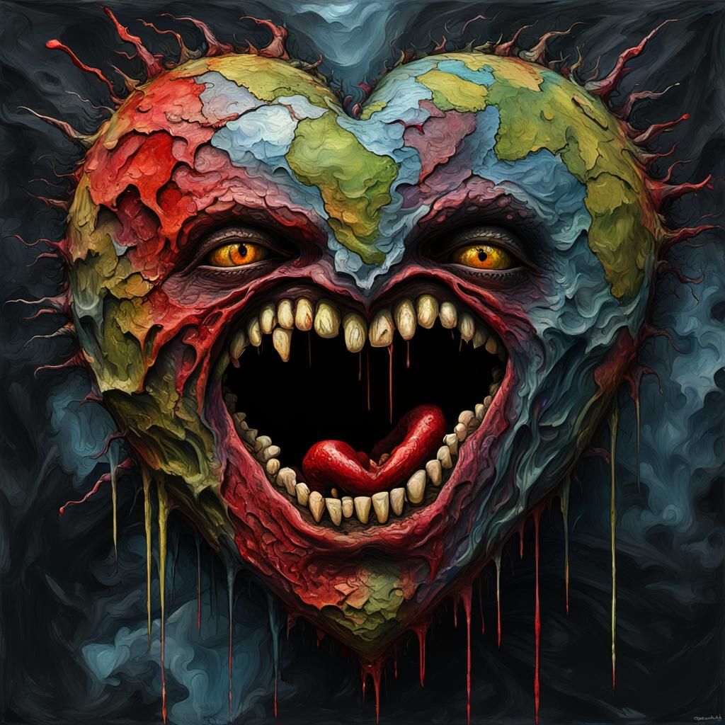 Grotesque Earth Heart: Decaying Face in Impasto Style