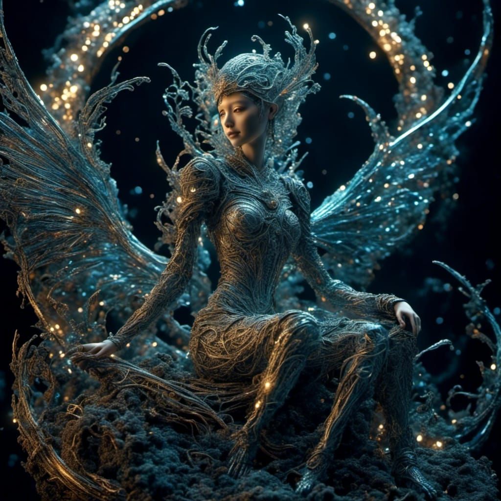 Bioluminescent Angel on Crescent Moon in Brilliant Light