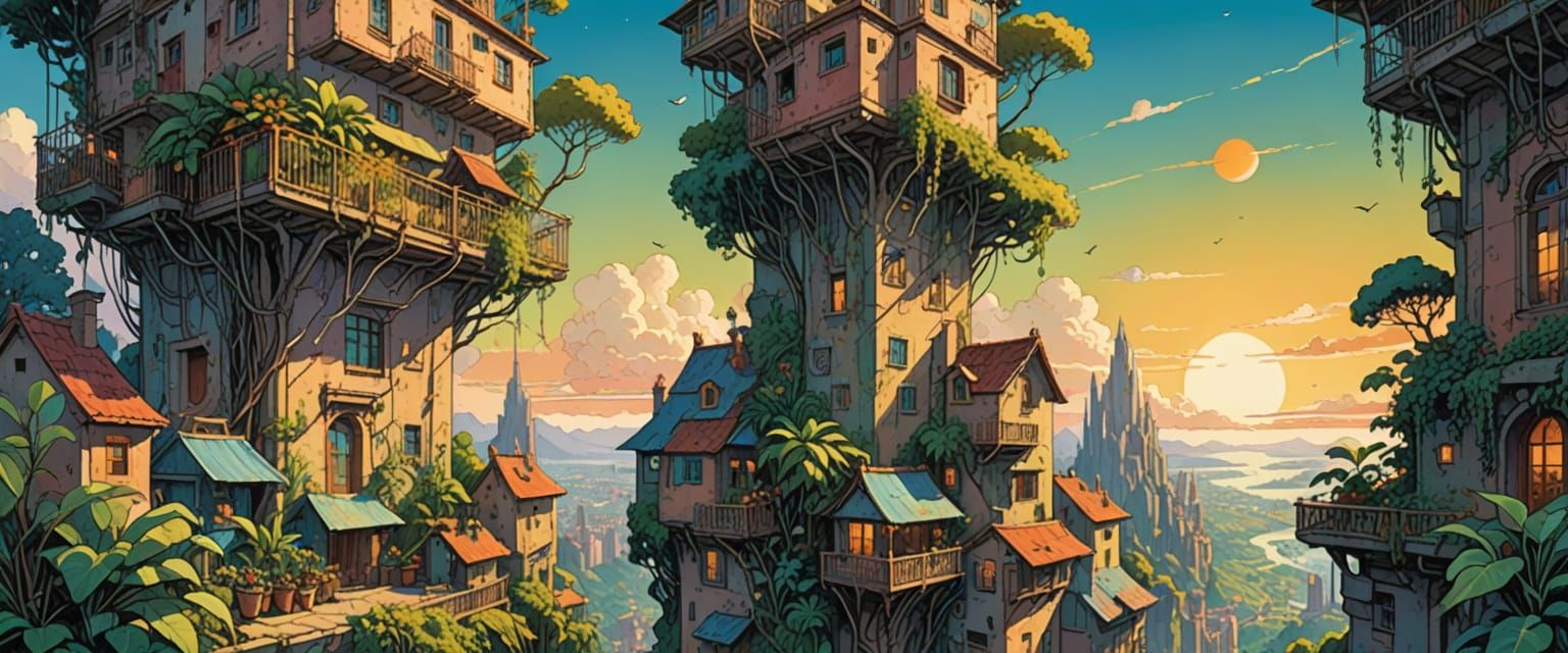 Floating Cloud City in Vibrant Watercolor Gouache Style