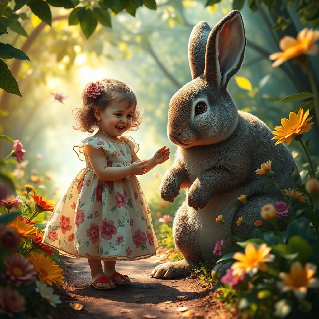 Whimsical Encounter with a Gentle Giant in a Vibrant Forest