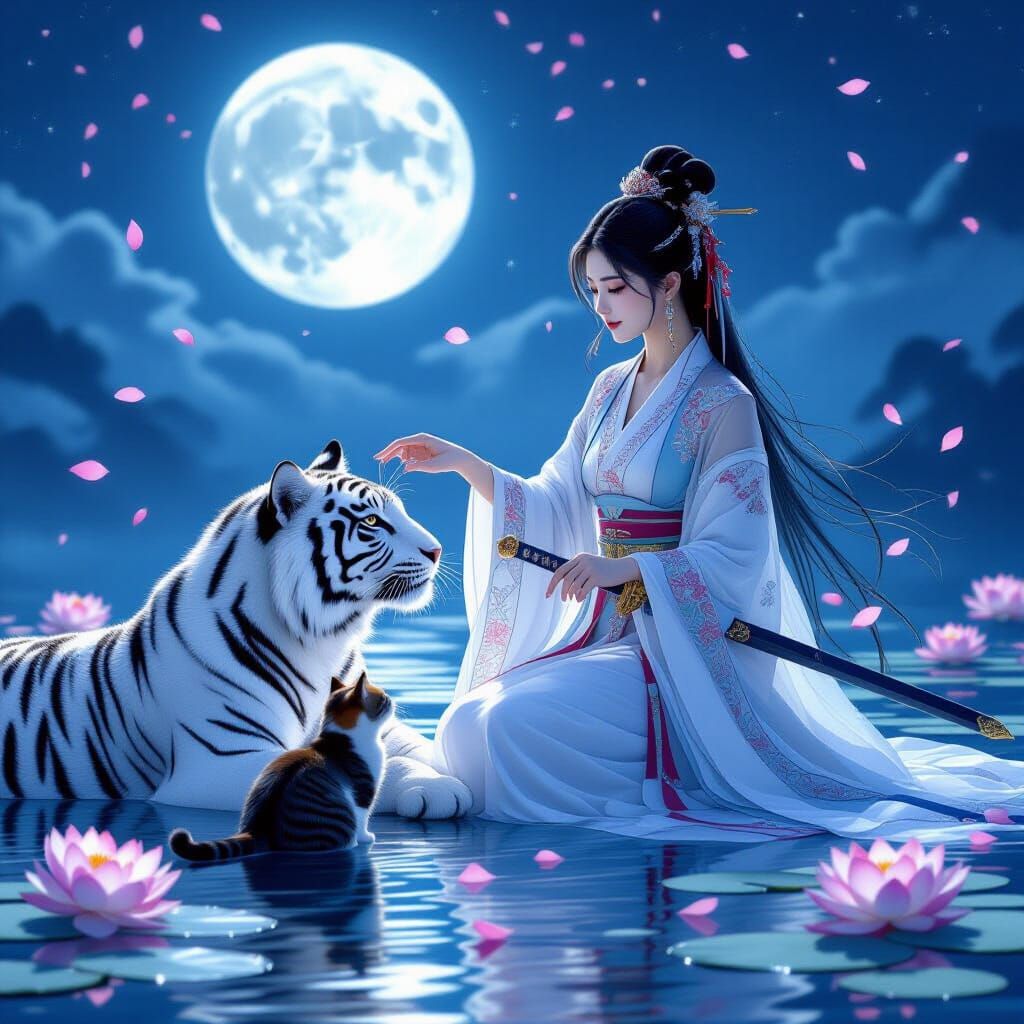 Girl with Cat, Tiger, and Sword in Moonlight