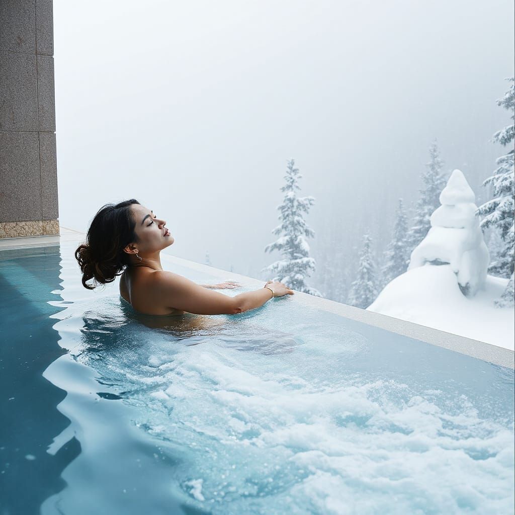Ethereal Blizzard: Woman in Infinity Pool, Hyperrealistic Oi...