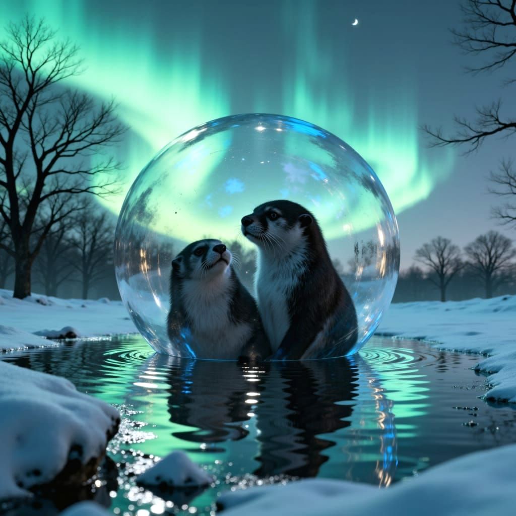 Hyperrealistic Otters in Aurora Bubble in Snow