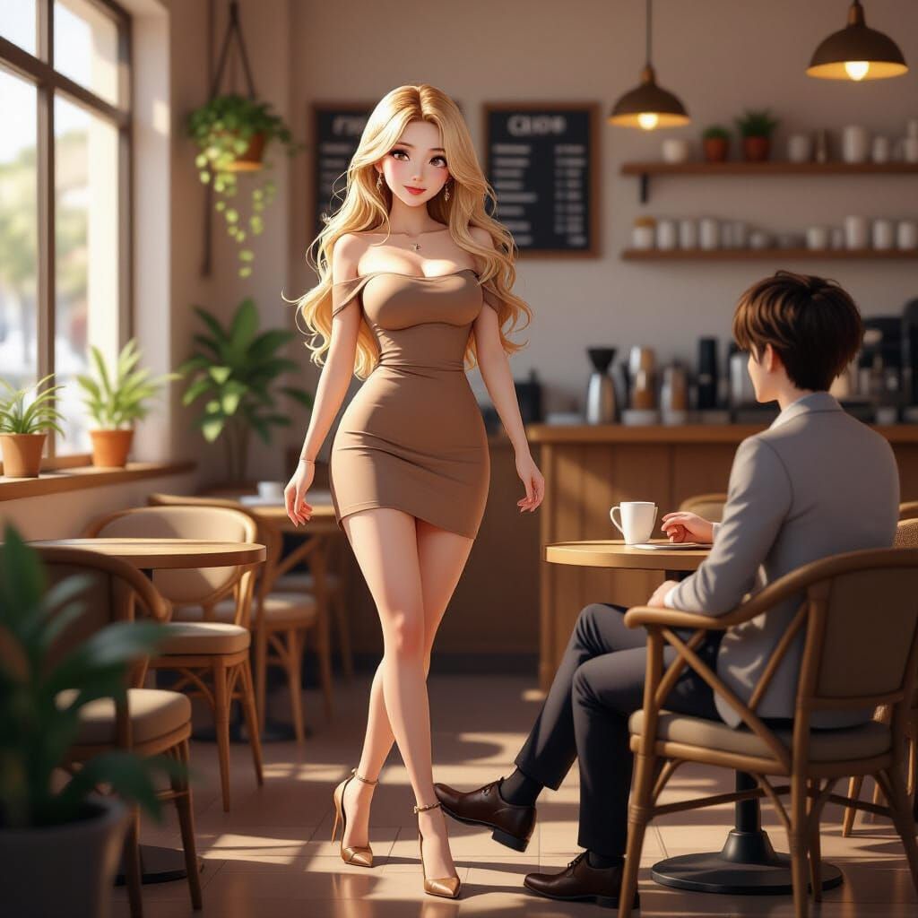 Anime Woman in Coffee Shop: 3D Semi-Realistic Style
