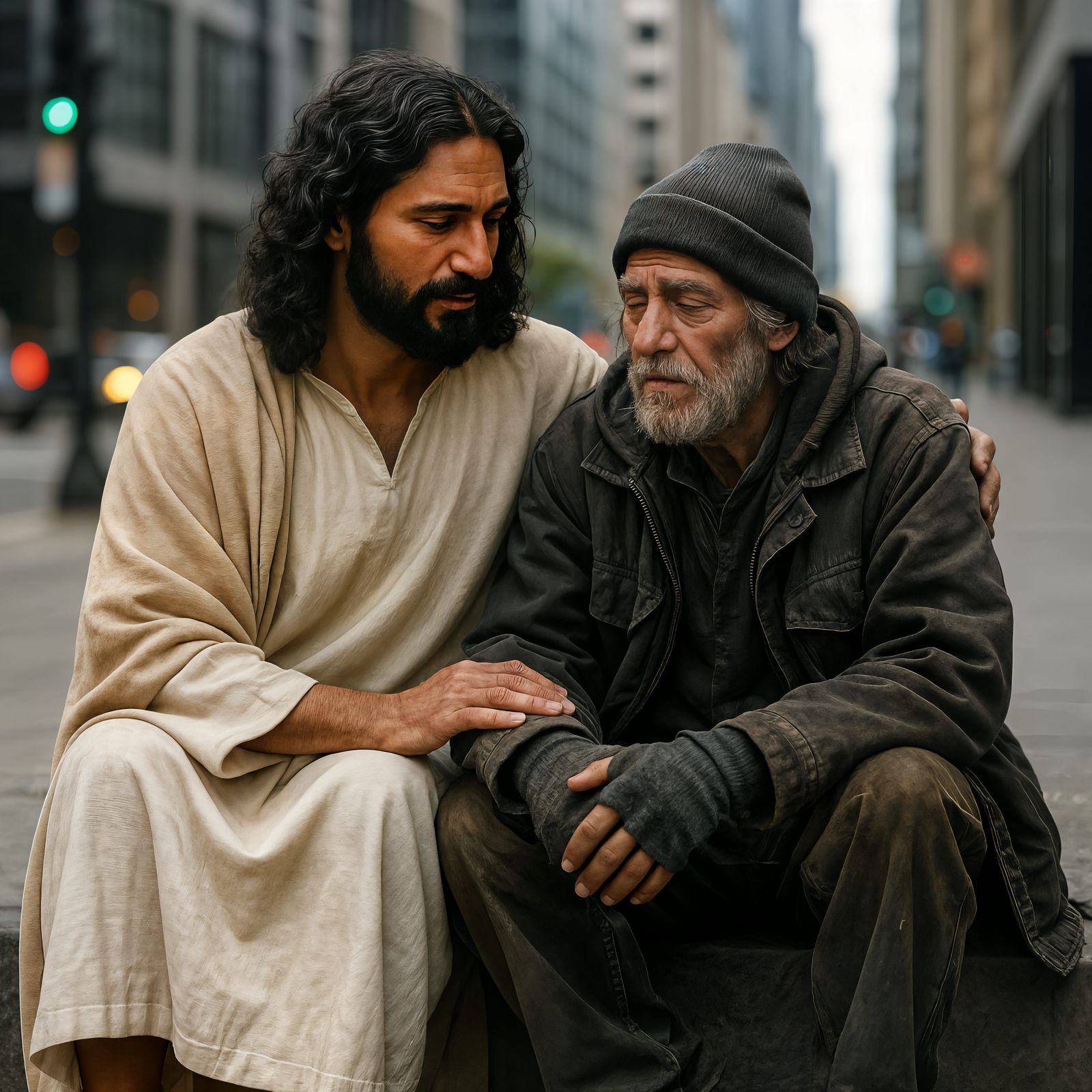 CGI Render: Jesus and a Homeless Man