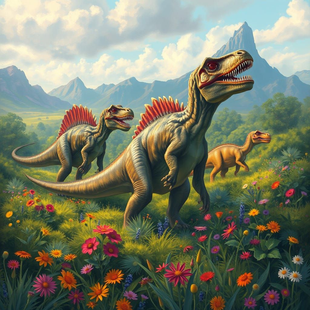 Majestic Dinosaurs in Dreamlike Landscape