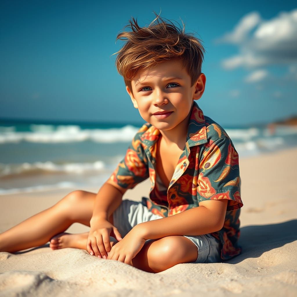 Boy with Green Eyes Relaxing on Beach