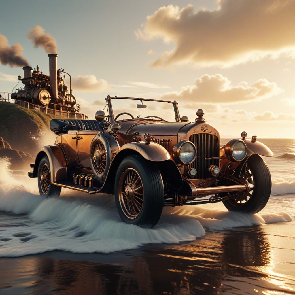 Steampunk Convertible Car on Coastal Road