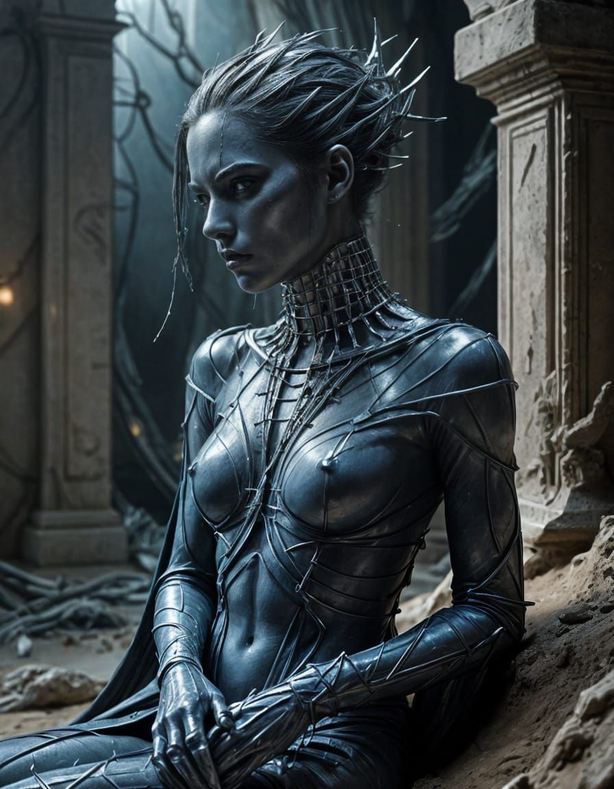 Surreal Metallic Figure with Spiky Hair and Glass Collar