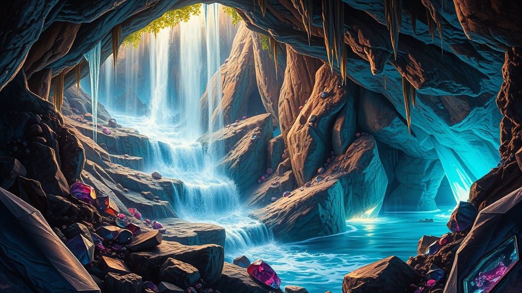 Retro-Futuristic Waterfall in Crystal Cave