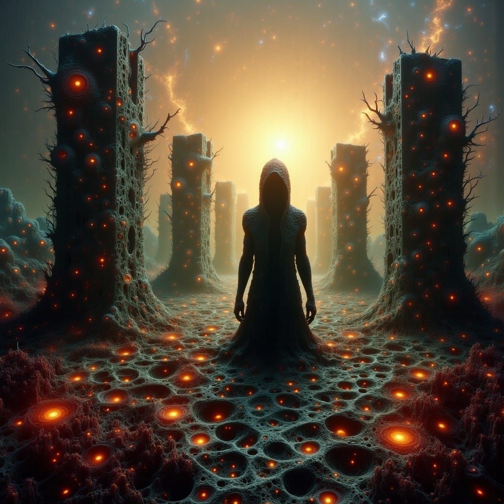 Mystical Figure in Desolate Landscape